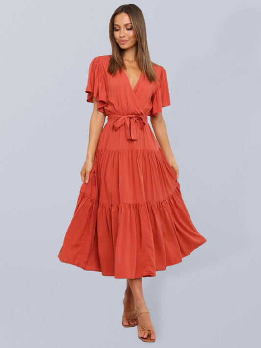 Solid V-Neck Bohemian Midi Dress – Short Flared Sleeves, Spring-Summer Style