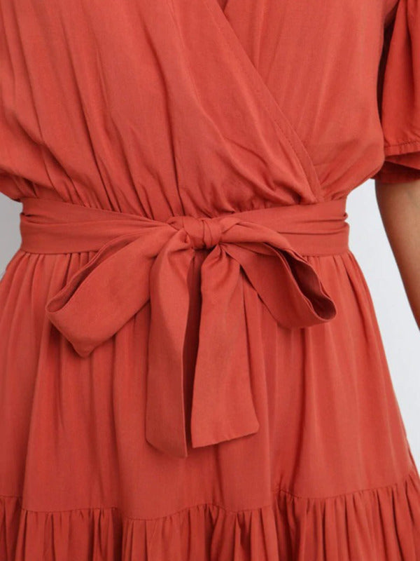Solid V-Neck Bohemian Midi Dress – Short Flared Sleeves, Spring-Summer Style