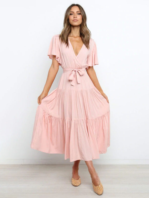 Solid V-Neck Bohemian Midi Dress – Short Flared Sleeves, Spring-Summer Style