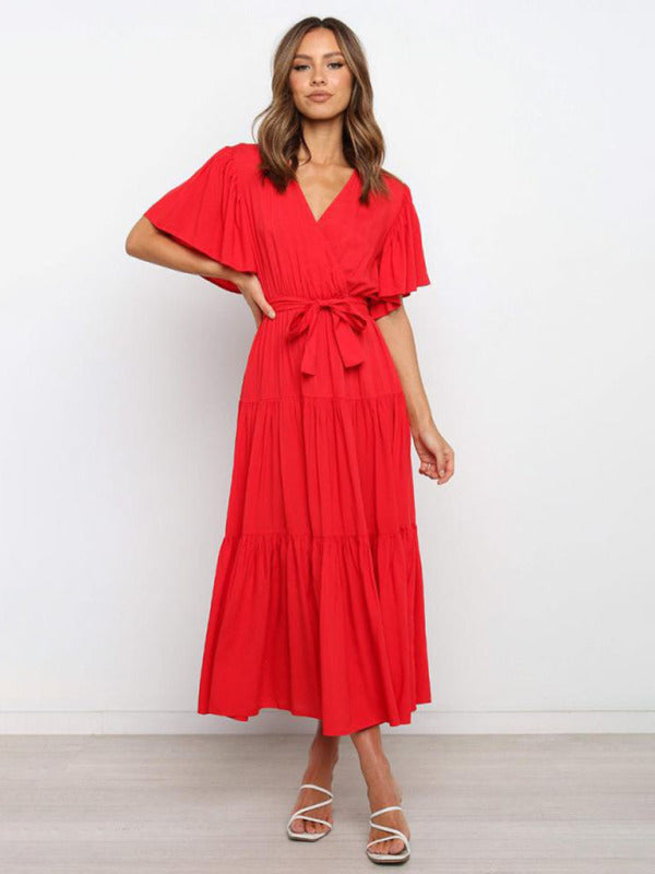 Solid V-Neck Bohemian Midi Dress – Short Flared Sleeves, Spring-Summer Style