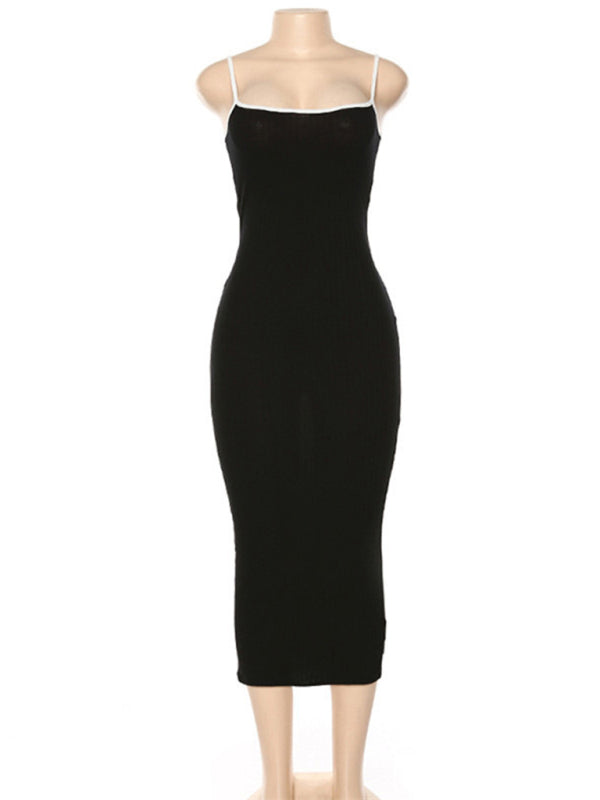 Contrast Color Suspender Slim Midi Dress – Open Back, Knit Stretch