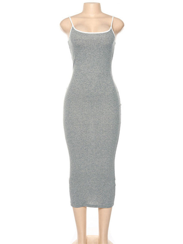 Contrast Color Suspender Slim Midi Dress – Open Back, Knit Stretch