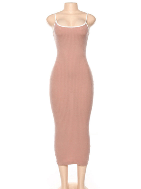 Contrast Color Suspender Slim Midi Dress – Open Back, Knit Stretch