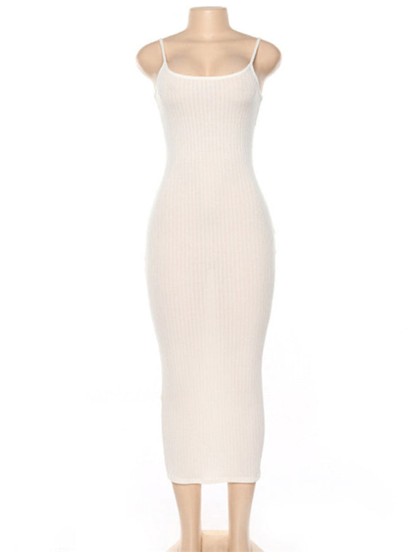 Contrast Color Suspender Slim Midi Dress – Open Back, Knit Stretch