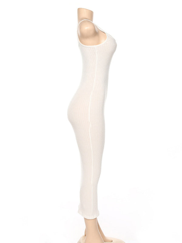 Contrast Color Suspender Slim Midi Dress – Open Back, Knit Stretch