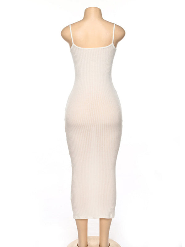 Contrast Color Suspender Slim Midi Dress – Open Back, Knit Stretch