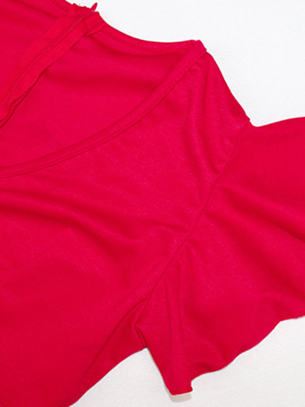 Ruffle Sleeve V-Neck Slim Fit Midi Dress – Solid Red, Soft & Stylish