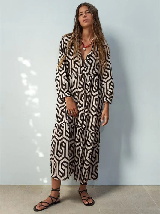 Geometric Print Mid-Waist Shirt Dress – Long Sleeve & Lapel Collar