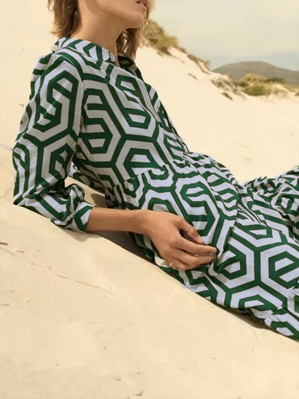 Geometric Print Mid-Waist Shirt Dress – Long Sleeve & Lapel Collar