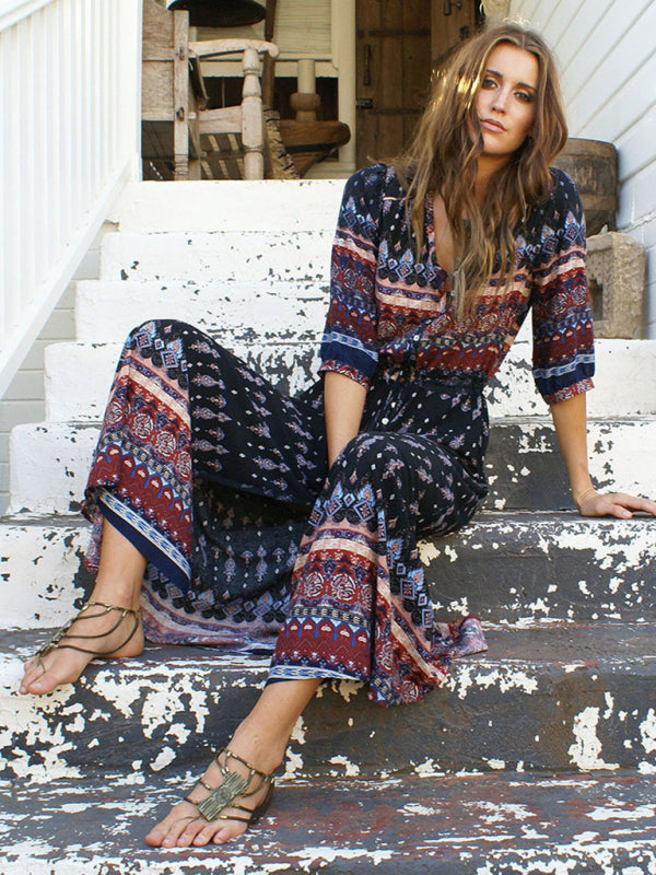 Bohemian Single-Breasted Maxi Dress – Full Print, Woven Cotton Blend