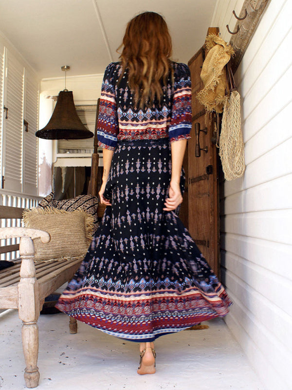 Bohemian Single-Breasted Maxi Dress – Full Print, Woven Cotton Blend