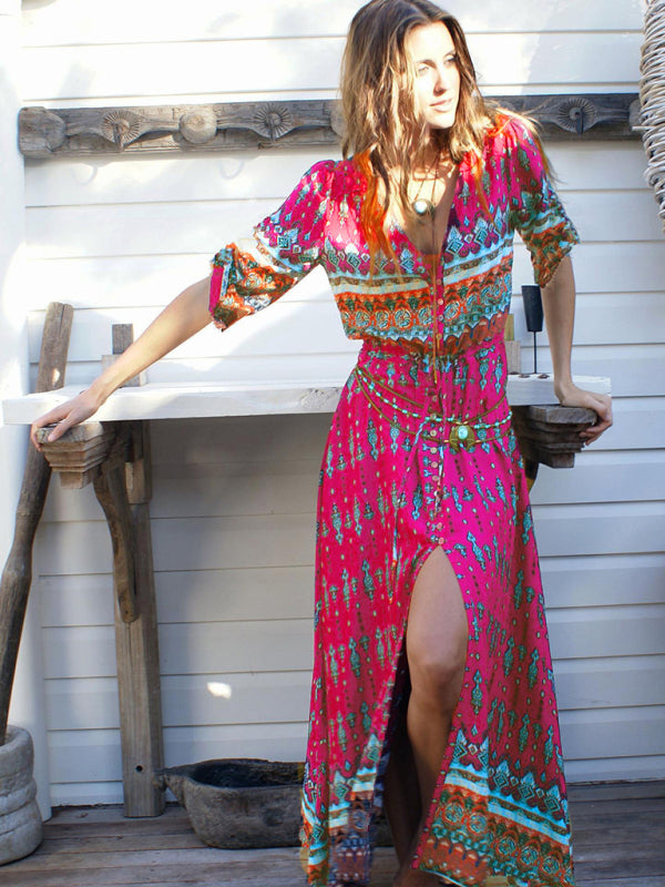 Bohemian Single-Breasted Maxi Dress – Full Print, Woven Cotton Blend