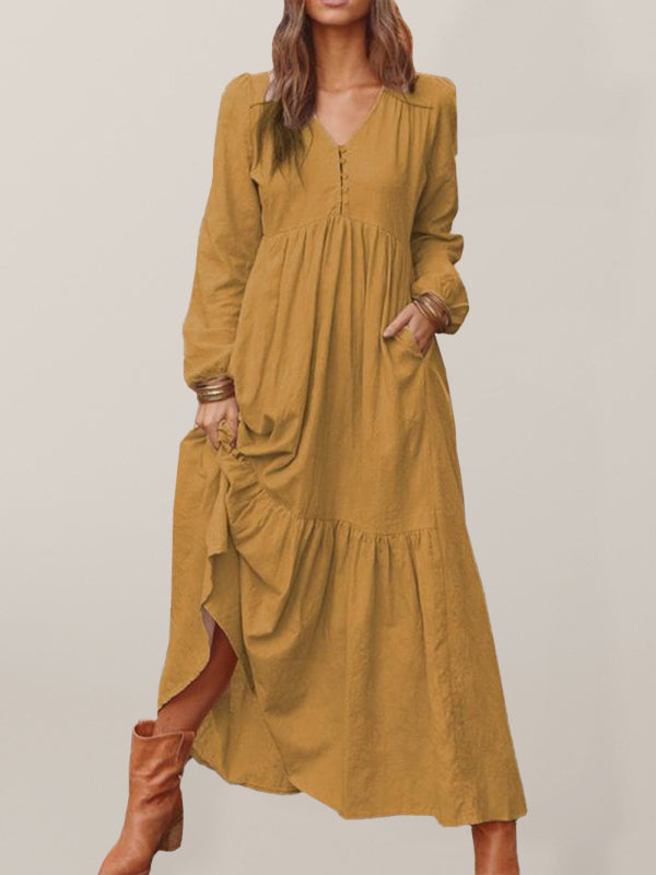 Buttoned Cotton Linen Retro Swing Dress – Long Sleeve, V-Neck, Spring Summer Fit