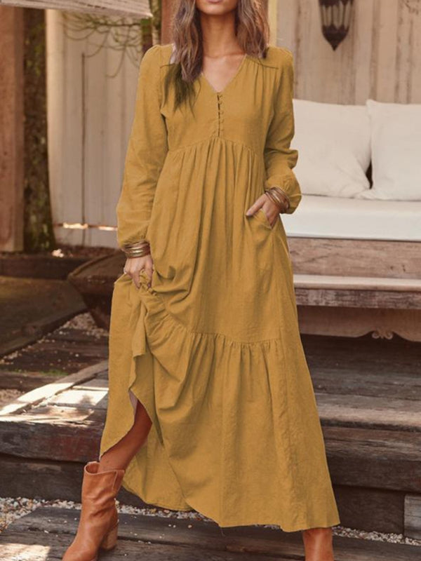 Buttoned Cotton Linen Retro Swing Dress – Long Sleeve, V-Neck, Spring Summer Fit