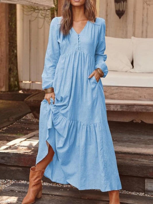 Buttoned Cotton Linen Retro Swing Dress – Long Sleeve, V-Neck, Spring Summer Fit