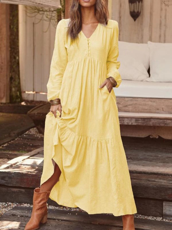 Buttoned Cotton Linen Retro Swing Dress – Long Sleeve, V-Neck, Spring Summer Fit