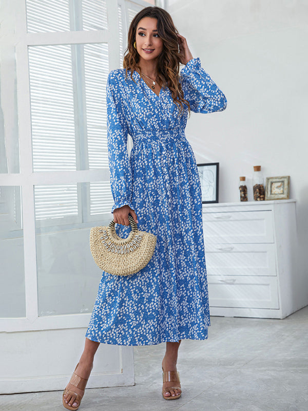 V-Neck High-Waist Printed Maxi Dress with Side Slit – Bohemian Style