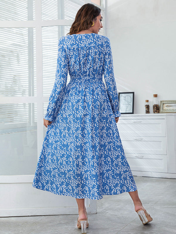 V-Neck High-Waist Printed Maxi Dress with Side Slit – Bohemian Style