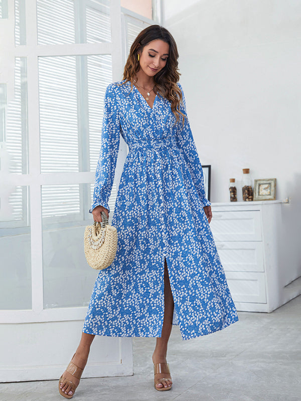 V-Neck High-Waist Printed Maxi Dress with Side Slit – Bohemian Style