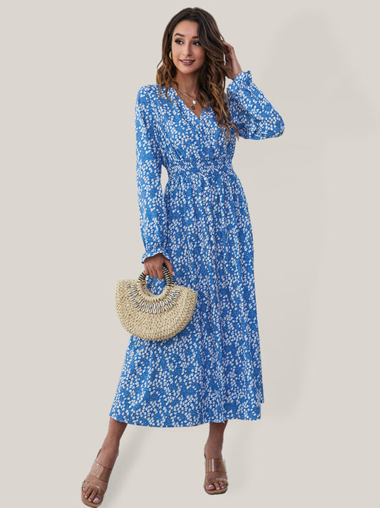 V-Neck High-Waist Printed Maxi Dress with Side Slit – Bohemian Style