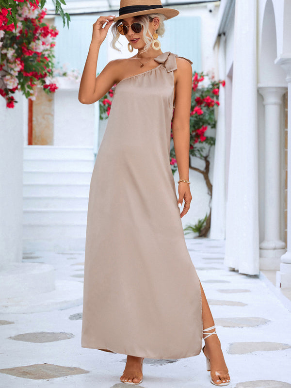 Elegant Satin One-Shoulder Midi Dress – Summer Sleeveless Fit