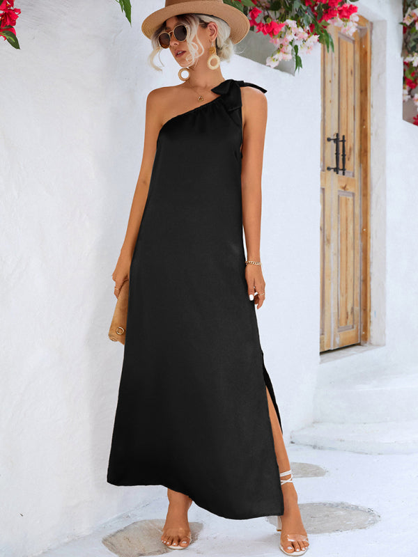 Elegant Satin One-Shoulder Midi Dress – Summer Sleeveless Fit