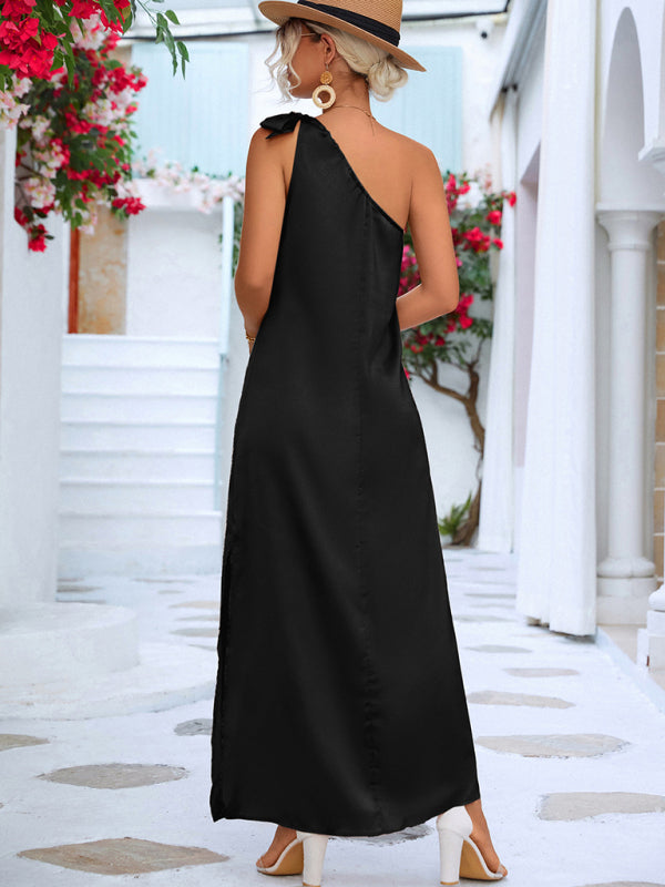 Elegant Satin One-Shoulder Midi Dress – Summer Sleeveless Fit