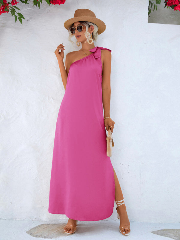 Elegant Satin One-Shoulder Midi Dress – Summer Sleeveless Fit