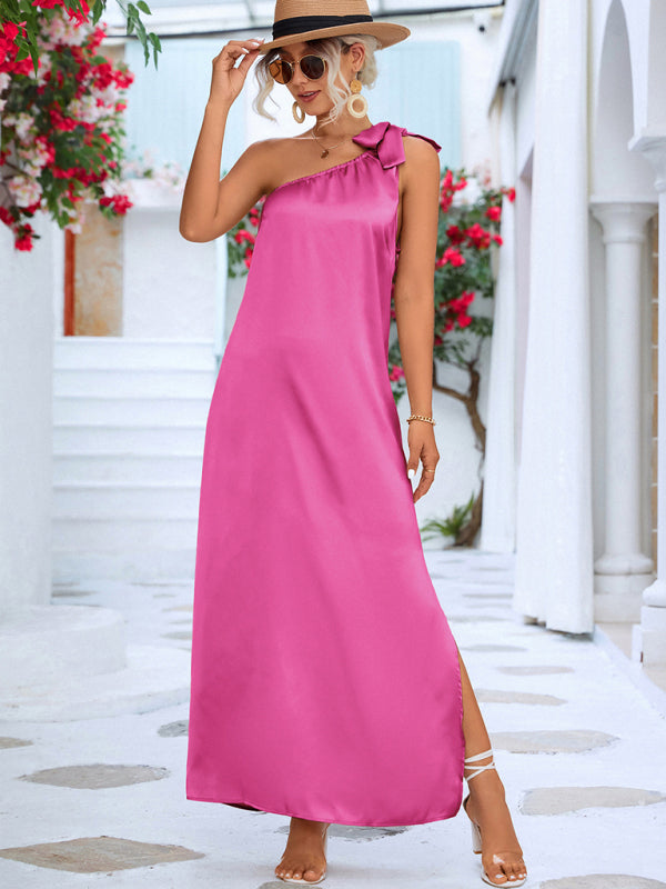 Elegant Satin One-Shoulder Midi Dress – Summer Sleeveless Fit