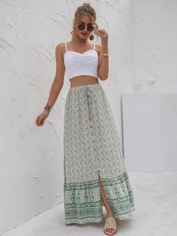 High Waist Printed Slit Skirt with Buttons