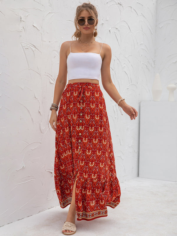 High Waist Printed Slit Skirt with Buttons