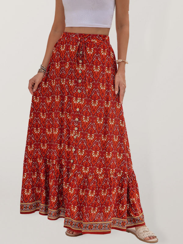 High Waist Printed Slit Skirt with Buttons