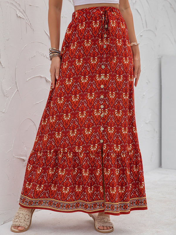 High Waist Printed Slit Skirt with Buttons