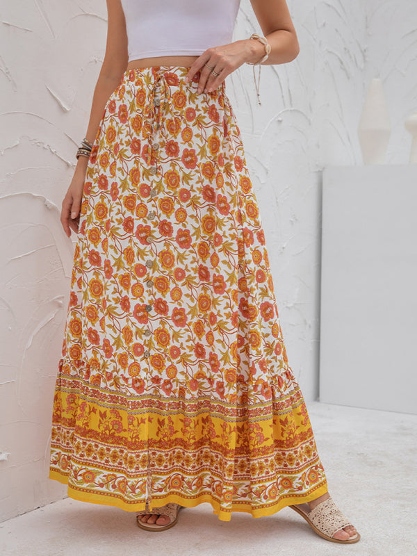 High Waist Printed Slit Skirt with Buttons