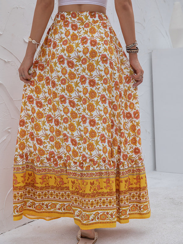 High Waist Printed Slit Skirt with Buttons