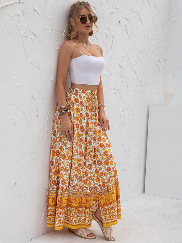 High Waist Printed Slit Skirt with Buttons