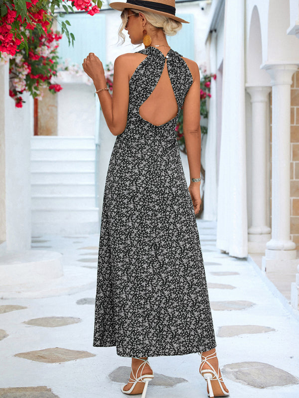Elegant Floral V-Neck Halter Maxi Dress – Backless, Lightweight Vacation Style