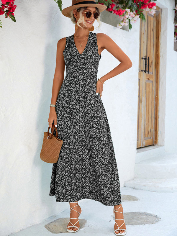 Elegant Floral V-Neck Halter Maxi Dress – Backless, Lightweight Vacation Style