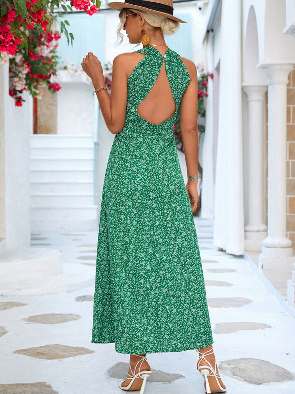 Elegant Floral V-Neck Halter Maxi Dress – Backless, Lightweight Vacation Style