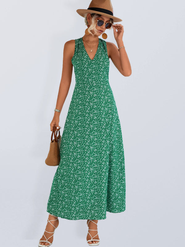 Elegant Floral V-Neck Halter Maxi Dress – Backless, Lightweight Vacation Style
