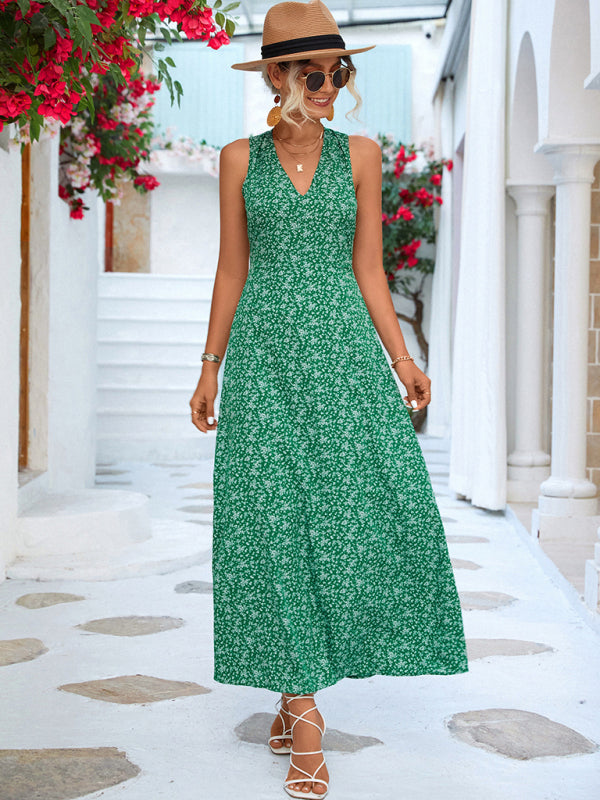 Elegant Floral V-Neck Halter Maxi Dress – Backless, Lightweight Vacation Style