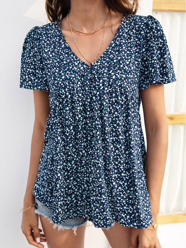 V-Neck Pleated Printed Short Sleeve Blouse
