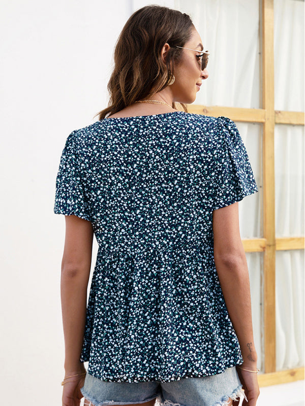 V-Neck Pleated Printed Short Sleeve Blouse