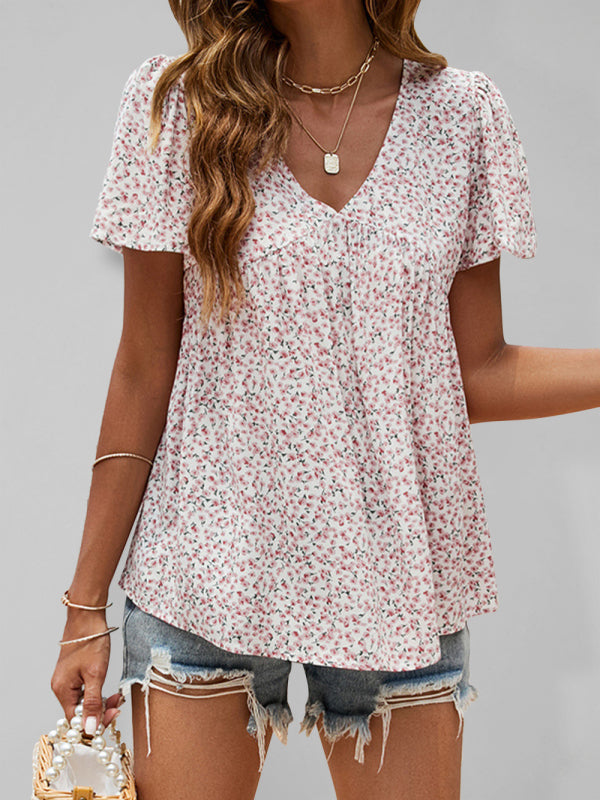 V-Neck Pleated Printed Short Sleeve Blouse