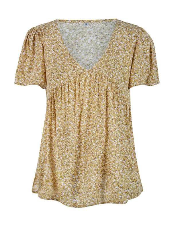 V-Neck Pleated Printed Short Sleeve Blouse