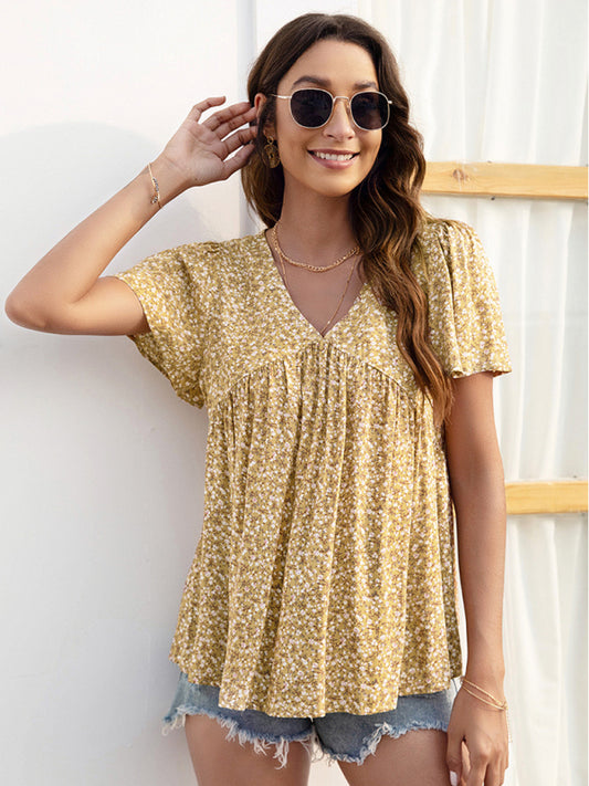 V-Neck Pleated Printed Short Sleeve Blouse
