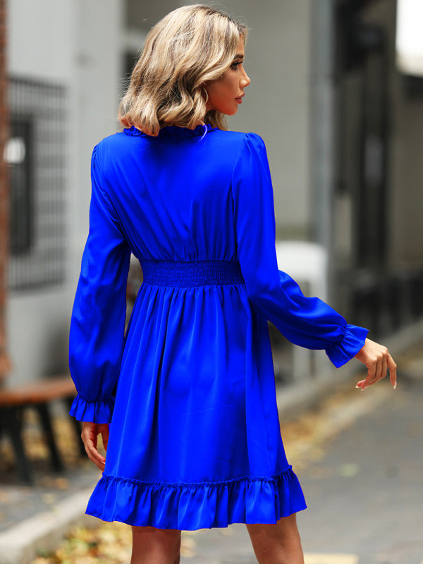 Ruffled Woven V-Neck Long-Sleeve Dress – Structured Fit, High Waist Elegance