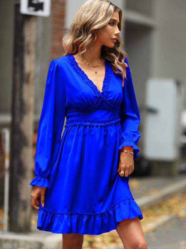 Ruffled Woven V-Neck Long-Sleeve Dress – Structured Fit, High Waist Elegance