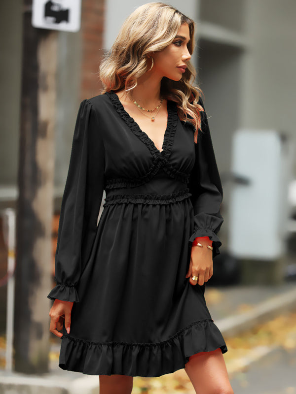Ruffled Woven V-Neck Long-Sleeve Dress – Structured Fit, High Waist Elegance