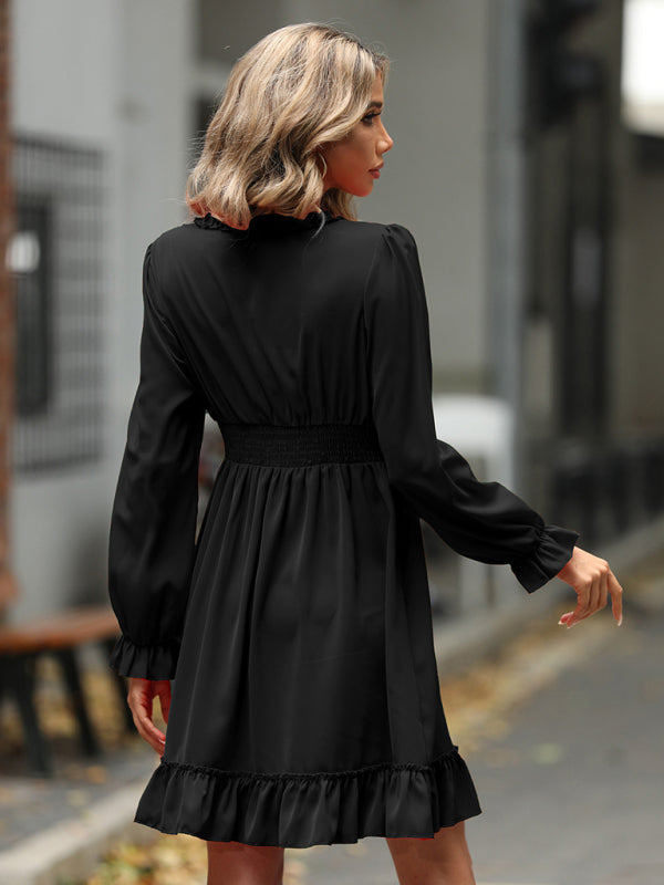 Ruffled Woven V-Neck Long-Sleeve Dress – Structured Fit, High Waist Elegance